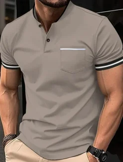 Men's Golf Shirt Golf Polos Shirts Work Casual Stand Collar Short Sleeve Basic Modern Color Block Patchwork Buttons Spring & Summer Regular Fit Wine Black White Sky Blue Khaki Gray Golf Shirt
