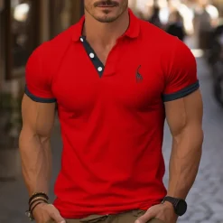 Men's Golf Shirt Golf Polo Work Casual Lapel Short Sleeve Basic Modern Color Block Deer Patchwork Embroidered Spring & Summer Regular Fit Depression Green Black / Orange Black White Red Navy Blue