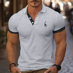 Men's Golf Shirt Golf Polo Work Casual Lapel Short Sleeve Basic Modern Color Block Deer Patchwork Embroidered Spring & Summer Regular Fit Depression Green Black / Orange Black White Red Navy Blue