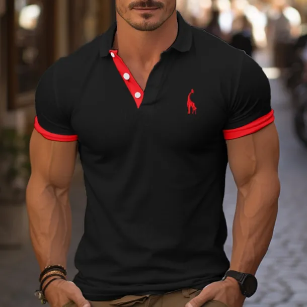Men's Golf Shirt Golf Polo Work Casual Lapel Short Sleeve Basic Modern Color Block Deer Patchwork Embroidered Spring & Summer Regular Fit Depression Green Black / Orange Black White Red Navy Blue