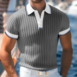 Men's Golf Shirt Knit Polo Work Casual Lapel Ribbed Polo Collar Short Sleeve Basic Modern Color Block Patchwork Buttons Spring & Summer Regular Fit White Blue Green Gray Golf Shirt