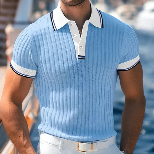 Men's Golf Shirt Knit Polo Work Casual Lapel Ribbed Polo Collar Short Sleeve Basic Modern Color Block Patchwork Buttons Spring & Summer Regular Fit White Blue Green Gray Golf Shirt