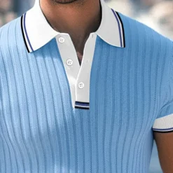 Men's Golf Shirt Knit Polo Work Casual Lapel Ribbed Polo Collar Short Sleeve Basic Modern Color Block Patchwork Buttons Spring & Summer Regular Fit White Blue Green Gray Golf Shirt