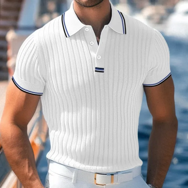 Men's Golf Shirt Knit Polo Work Casual Lapel Ribbed Polo Collar Short Sleeve Basic Modern Color Block Patchwork Buttons Spring & Summer Regular Fit White Blue Green Gray Golf Shirt