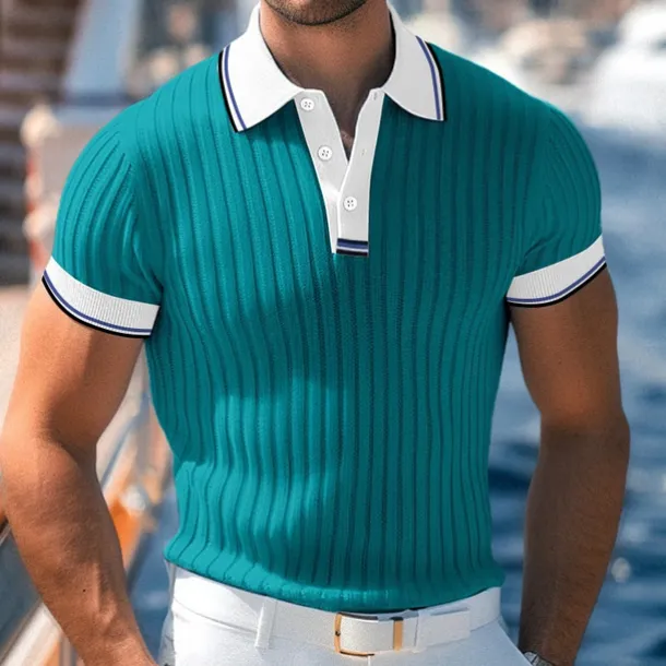 Men's Golf Shirt Knit Polo Work Casual Lapel Ribbed Polo Collar Short Sleeve Basic Modern Color Block Patchwork Buttons Spring & Summer Regular Fit White Blue Green Gray Golf Shirt
