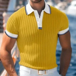 Men's Golf Shirt Knit Polo Work Casual Lapel Ribbed Polo Collar Short Sleeve Basic Modern Color Block Patchwork Buttons Spring & Summer Regular Fit White Blue Green Gray Golf Shirt