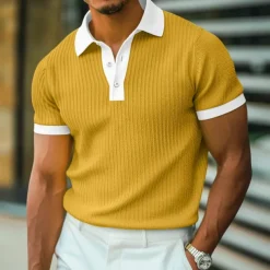 Men's Golf Shirt Knit Polo Work Casual Ribbed Polo Collar Classic Short Sleeve Basic Modern Color Block Ribbed Spring & Summer Regular Fit White Yellow Blue Green Gray Golf Shirt