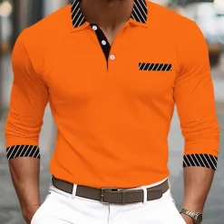 Men's Golf Shirt Pique Polo Shirt Business Casual Turndown Long Sleeve Fashion Basic Solid Color Color Block Patchwork Button Spring & Fall Regular Fit Black White Burgundy Navy Blue Orange Golf