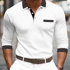 Men's Golf Shirt Pique Polo Shirt Business Casual Turndown Long Sleeve Fashion Basic Solid Color Color Block Patchwork Button Spring & Fall Regular Fit Black White Burgundy Navy Blue Orange Golf