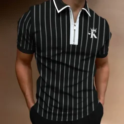 Men's Golf Shirt Polo Street Casual Quarter Zip Short Sleeve Fashion Casual Striped Embroidered Zipper Spring & Summer Regular Fit Black / Gray Wine Royal Blue Golf Shirt