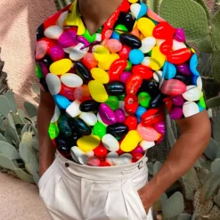 Men's Golf Shirt Short Sleeve Candy Print Casual Optical Illusion Turndown Tops Green Black Blue Gray Rainbow 3D Print Daily Button-Down Print Fashion Designer Breathable / Sports