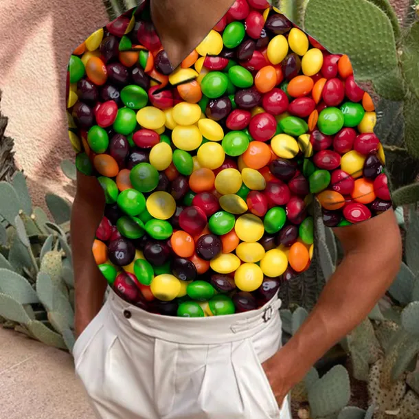 Men's Golf Shirt Short Sleeve Candy Print Casual Optical Illusion Turndown Tops Green Black Blue Gray Rainbow 3D Print Daily Button-Down Print Fashion Designer Breathable / Sports