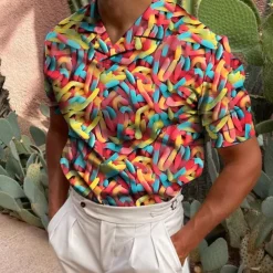 Men's Golf Shirt Short Sleeve Candy Print Casual Optical Illusion Turndown Tops Green Black Blue Gray Rainbow 3D Print Daily Button-Down Print Fashion Designer Breathable / Sports