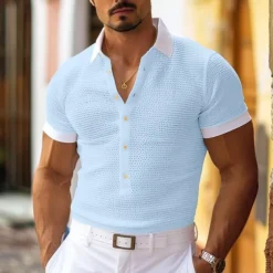 Men's Golf Shirt Waffle Knit Polo Shirt Casual Holiday Lapel Short Sleeve Fashion Old Money Style Plain Button Summer Spring Regular Fit White Light Blue Golf Shirt