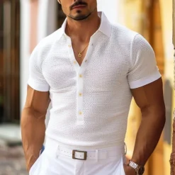 Men's Golf Shirt Waffle Knit Polo Shirt Casual Holiday Lapel Short Sleeve Fashion Old Money Style Plain Button Summer Spring Regular Fit White Light Blue Golf Shirt