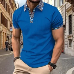 Men's Golf Shirt Waffle Knit Polo Shirt Business Active Classic Short Sleeve Fashion Modern Solid Color Buttons Summer Spring Regular Fit Black White Royal Blue Beige Gray Golf Shirt