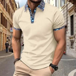 Men's Golf Shirt Waffle Knit Polo Shirt Business Active Classic Short Sleeve Fashion Modern Solid Color Buttons Summer Spring Regular Fit Black White Royal Blue Beige Gray Golf Shirt