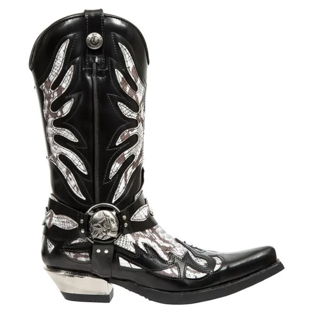 Men's Gothic Cowboy Boots - Black and Silver Snakeskin Faux Leather Western Boots with Flame Cutout Design and Metal Heel for Rock, Biker, and Party Events