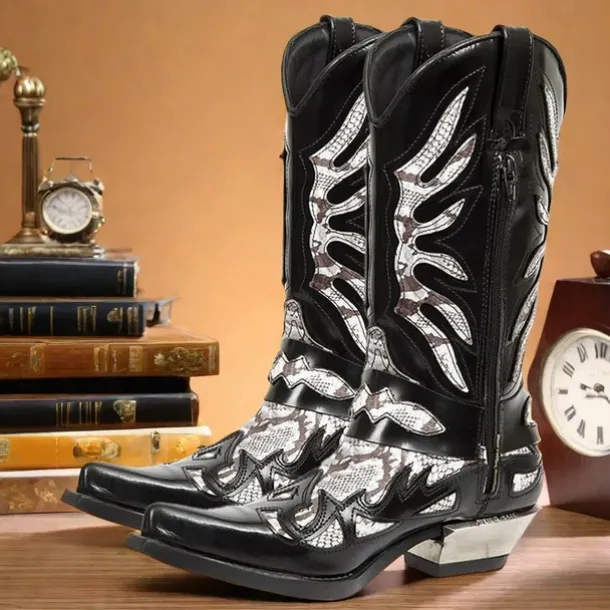 Men's Gothic Cowboy Boots - Black and Silver Snakeskin Faux Leather Western Boots with Flame Cutout Design and Metal Heel for Rock, Biker, and Party Events