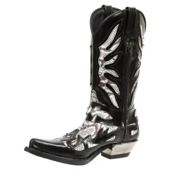 Men's Gothic Cowboy Boots - Black and Silver Snakeskin Faux Leather Western Boots with Flame Cutout Design and Metal Heel for Rock, Biker, and Party Events