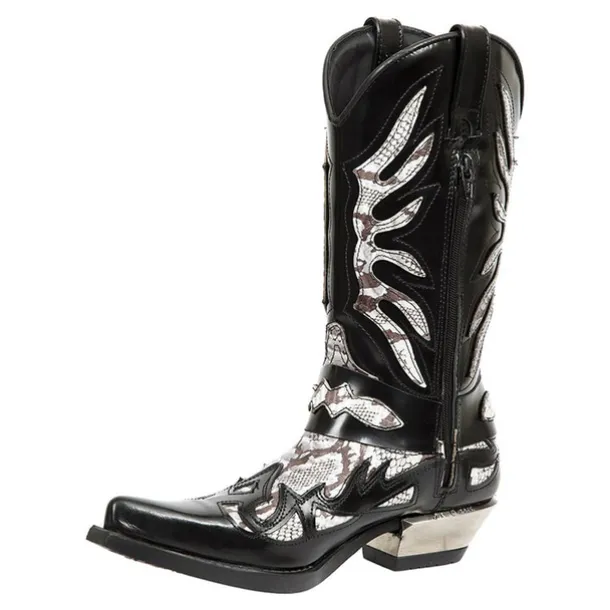 Men's Gothic Cowboy Boots - Black and Silver Snakeskin Faux Leather Western Boots with Flame Cutout Design and Metal Heel for Rock, Biker, and Party Events
