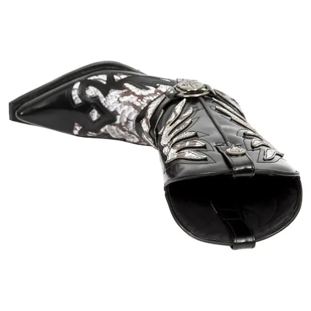 Men's Gothic Cowboy Boots - Black and Silver Snakeskin Faux Leather Western Boots with Flame Cutout Design and Metal Heel for Rock, Biker, and Party Events