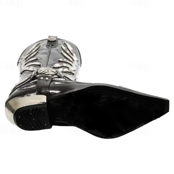 Men's Gothic Cowboy Boots - Black and Silver Snakeskin Faux Leather Western Boots with Flame Cutout Design and Metal Heel for Rock, Biker, and Party Events