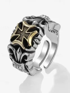 Men's Gothic Silver Ring with Cross Detail – Vintage Style Adjustable Band, Intricate Skull and Cross Design for Punk Rock Fashion