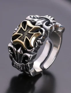 Men's Gothic Silver Ring with Cross Detail – Vintage Style Adjustable Band, Intricate Skull and Cross Design for Punk Rock Fashion