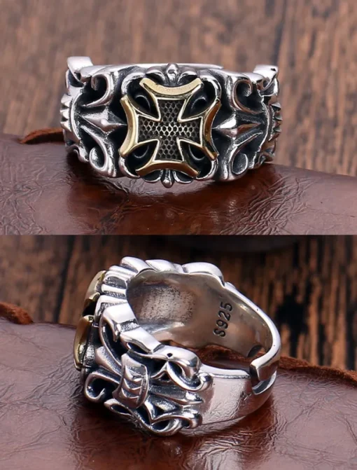 Men's Gothic Silver Ring with Cross Detail – Vintage Style Adjustable Band, Intricate Skull and Cross Design for Punk Rock Fashion