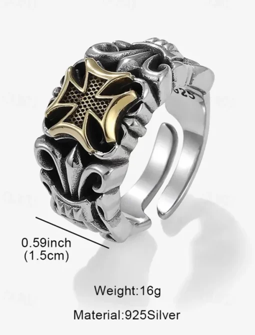 Men's Gothic Silver Ring with Cross Detail – Vintage Style Adjustable Band, Intricate Skull and Cross Design for Punk Rock Fashion