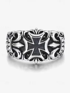 Men's Gothic Silver Ring with Cross Detail – Vintage Style Adjustable Band, Intricate Skull and Cross Design for Punk Rock Fashion