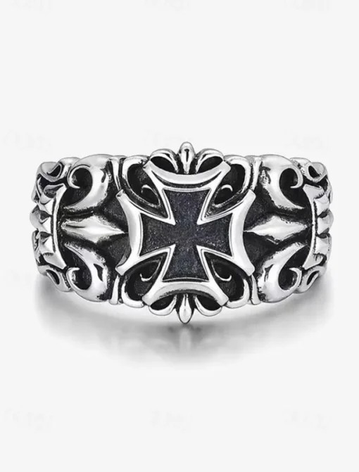 Men's Gothic Silver Ring with Cross Detail – Vintage Style Adjustable Band, Intricate Skull and Cross Design for Punk Rock Fashion