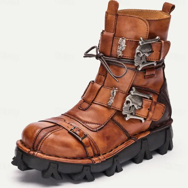 Men's Gothic Steampunk Skull Buckle Combat Boots with Rugged Sole - Vintage Brown Leather Lace-Up Ankle Boots for Bikers and Cosplay