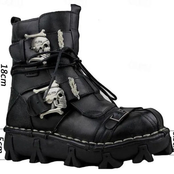 Men's Gothic Steampunk Skull Buckle Combat Boots with Rugged Sole - Vintage Brown Leather Lace-Up Ankle Boots for Bikers and Cosplay