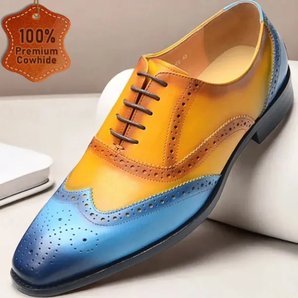 Men's Gradient Brogue Oxford Shoes – Premium Cowhide Leather with Yellow and Blue Design, Perfect for Business, Parties, or Formal Occasions