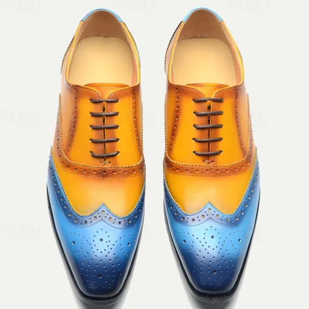 Men's Gradient Brogue Oxford Shoes – Premium Cowhide Leather with Yellow and Blue Design, Perfect for Business, Parties, or Formal Occasions