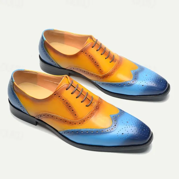 Men's Gradient Brogue Oxford Shoes – Premium Cowhide Leather with Yellow and Blue Design, Perfect for Business, Parties, or Formal Occasions