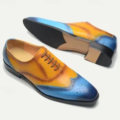 Men's Gradient Brogue Oxford Shoes – Premium Cowhide Leather with Yellow and Blue Design, Perfect for Business, Parties, or Formal Occasions