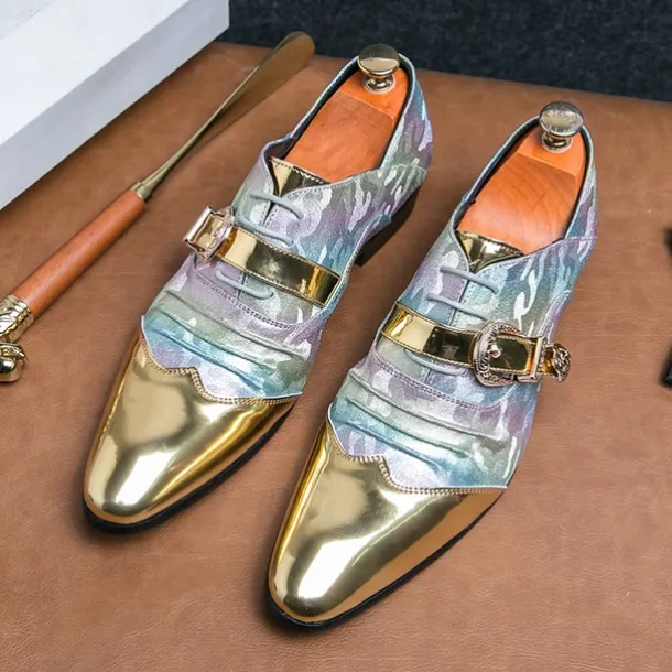 Men's Gradient Camo Formal Shoes with Metallic Gold Toe Caps and Buckle Detail - Elegant Lace-Up Design for Parties and Special Events