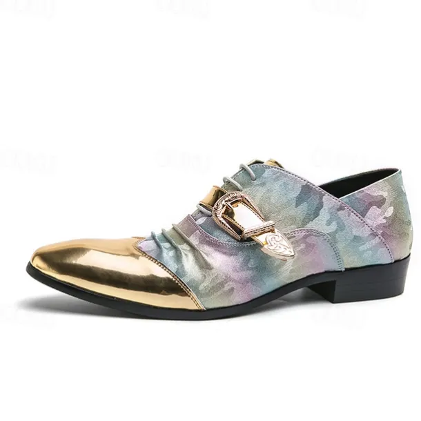Men's Gradient Camo Formal Shoes with Metallic Gold Toe Caps and Buckle Detail - Elegant Lace-Up Design for Parties and Special Events