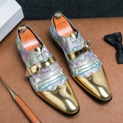 Men's Gradient Camo Formal Shoes with Metallic Gold Toe Caps and Buckle Detail - Elegant Lace-Up Design for Parties and Special Events