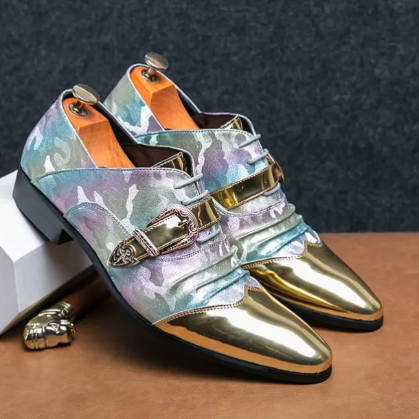 Men's Gradient Camo Formal Shoes with Metallic Gold Toe Caps and Buckle Detail - Elegant Lace-Up Design for Parties and Special Events