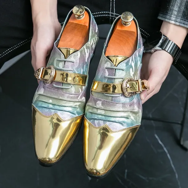 Men's Gradient Camo Formal Shoes with Metallic Gold Toe Caps and Buckle Detail - Elegant Lace-Up Design for Parties and Special Events