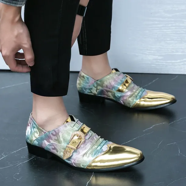 Men's Gradient Camo Formal Shoes with Metallic Gold Toe Caps and Buckle Detail - Elegant Lace-Up Design for Parties and Special Events