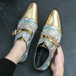 Men's Gradient Camo Formal Shoes with Metallic Gold Toe Caps and Buckle Detail - Elegant Lace-Up Design for Parties and Special Events
