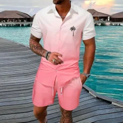 Men's Gradient Coconut Tree Tropical Plants 2pcs Shirts Sets Summer Hawaiian Shirt Short Sleeve Short Pants Turndown Fashion Streetwear Designer Outdoor Street Casual Print Summer Spring Yellow Pink