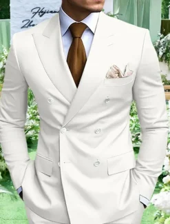 Men's Graduation Blazer Business Cocktail Party Wedding Party Fashion Casual Spring Fall Polyester Plain Pocket Buttons Comfortable Double Breasted Blazer White Yellow Purple Light Blue