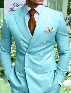 Men's Graduation Blazer Business Cocktail Party Wedding Party Fashion Casual Spring Fall Polyester Plain Pocket Buttons Comfortable Double Breasted Blazer White Yellow Purple Light Blue