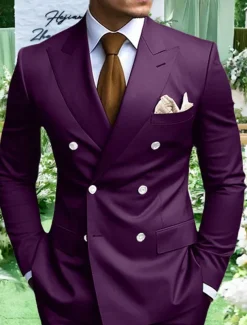 Men's Graduation Blazer Business Cocktail Party Wedding Party Fashion Casual Spring Fall Polyester Plain Pocket Buttons Comfortable Double Breasted Blazer White Yellow Purple Light Blue